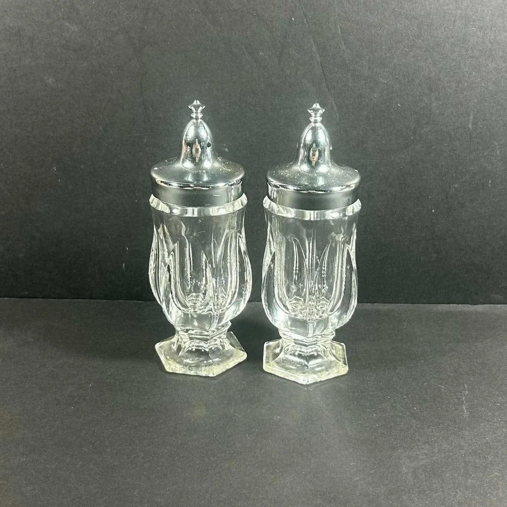 Vintage Fostoria Crystal Revere Footed Metal Lid Salt and Pepper Shaker Set